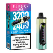 Render of Elf Bar Ice Drinks Edition 4 in 1 pod kit next to box.