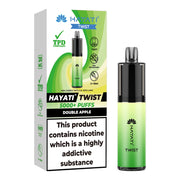 Double Apple Flavoured Hayati Twist 5000 disposable vape kit next to box.