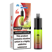 Passion Fruit Lemon LIme Flavoured Hayati Twist 5000 disposable vape kit next to box.
