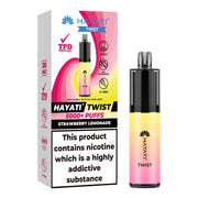 Strawberry Lemonade Flavoured Hayati Twist 5000 disposable vape kit next to box.